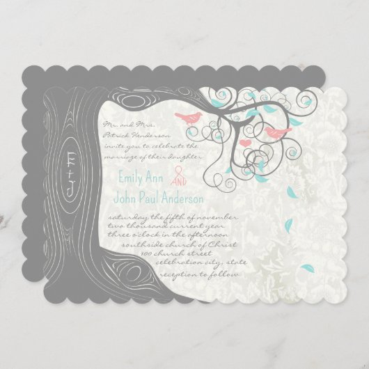 Invitation Mariage Inséparable Gris Peachy Pink Minty Aqua (Devant / Derrière)