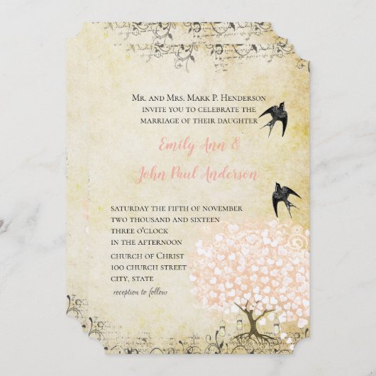 Invitation Mariage Inséparable rose pâle pour feuille de coeu (Devant / Derrière)