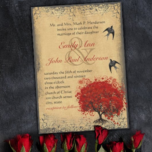 Invitation Mariage Inséparable Rustic Heart Leaf Red Tree