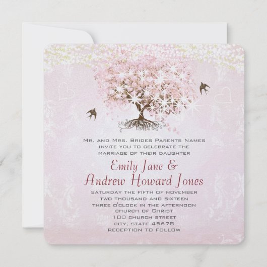 Invitation Mariage Inséparable simple Pink Heart Leaf Tree (Devant)