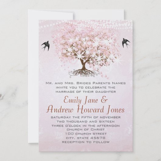Invitation Mariage Inséparable simple Pink Heart Leaf Tree (Devant)