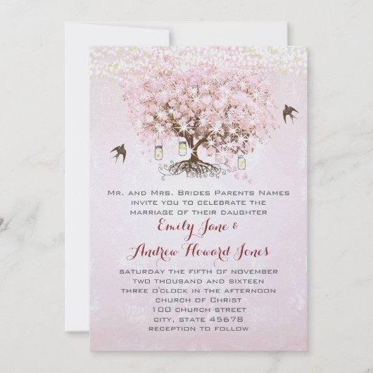 Invitation Mariage Inséparable simple Pink Heart Leaf Tree (Devant)