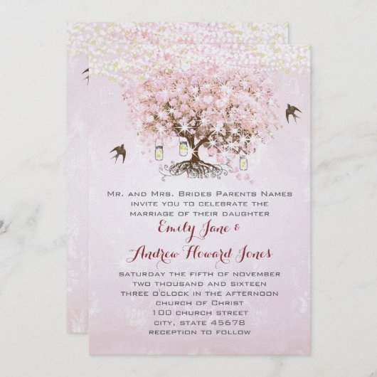 Invitation Mariage Inséparable simple Pink Heart Leaf Tree (Devant / Derrière)