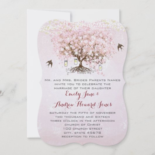 Invitation Mariage Inséparable simple Pink Heart Leaf Tree (Devant)
