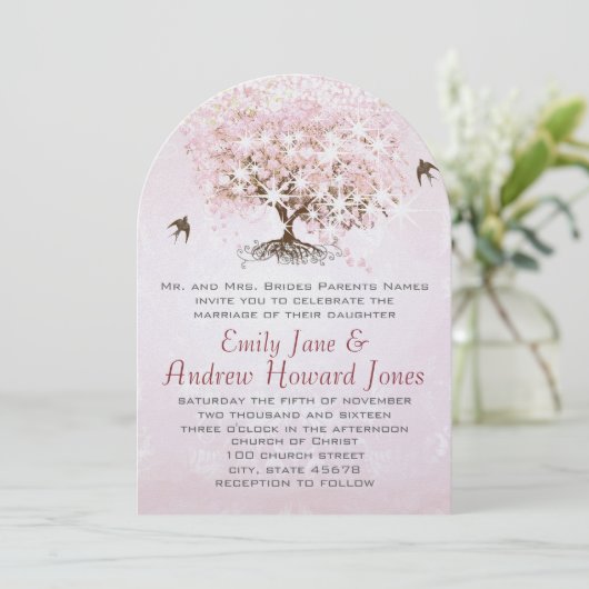 Invitation Mariage Inséparable simple Pink Heart Leaf Tree (Debout devant)