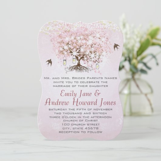 Invitation Mariage Inséparable simple Pink Heart Leaf Tree (Debout devant)