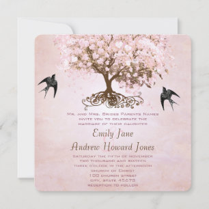 Invitation Mariage Inséparable simple Pink Heart Leaf Tree