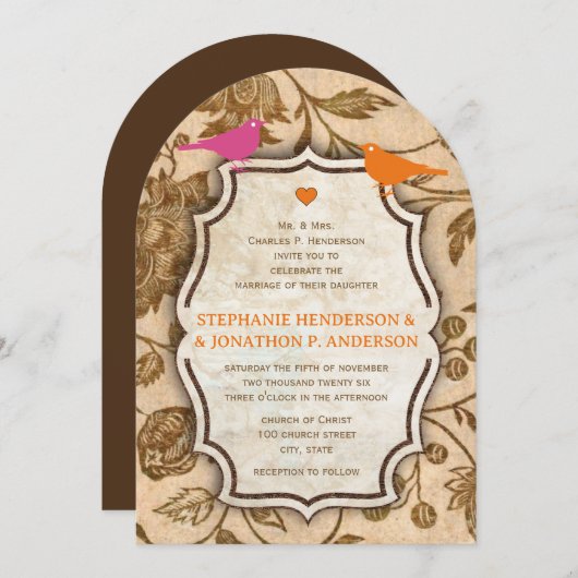 Invitation Mariage Inséparable vintage rose et orange (Devant / Derrière)