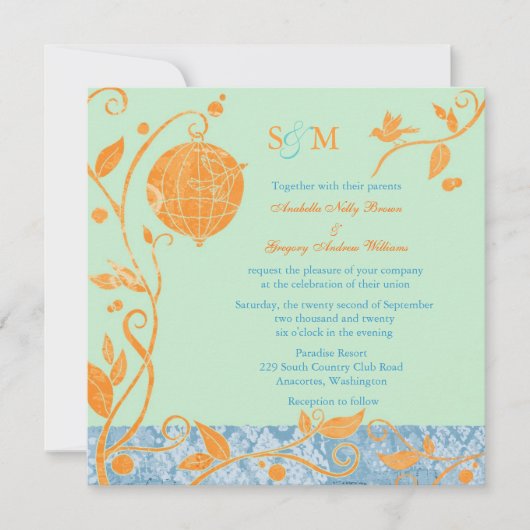 Invitation Mariage Inséparables Mint & Orange (Devant)