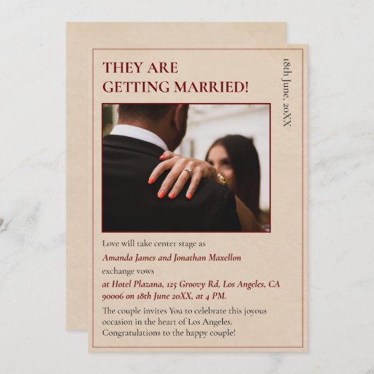 Invitation Mariage inspiré par un journal moderne simple (Devant / Derrière)