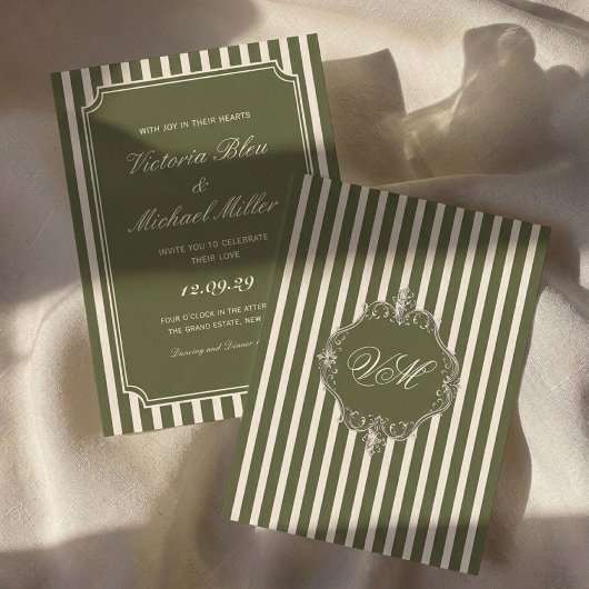 Invitation Mariage Intemporel Vert Olive Argent Ancien
