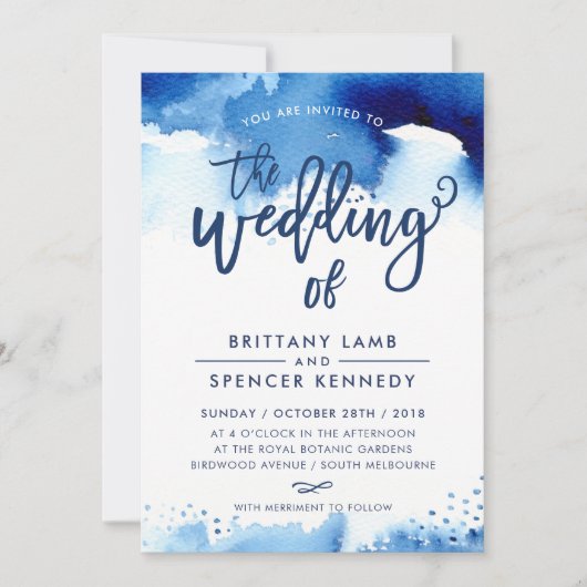 Invitation MARIAGE INVITE moderne style marine bleu aquarelle (Devant)