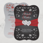 Invitation Mariage Inviter 2 Noir Rouge Argent, Floral, Coeur (Devant / Derrière)