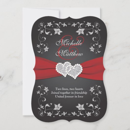Invitation Mariage Inviter 2 Noir Rouge Argent, Floral, Coeur (Devant)