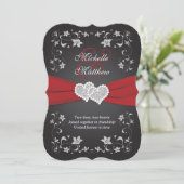 Invitation Mariage Inviter 2 Noir Rouge Argent, Floral, Coeur (Debout devant)