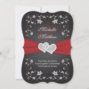 Invitation Mariage Inviter 2 Noir Rouge Argent, Floral, Coeur