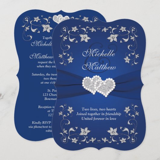 Invitation Mariage Inviter 2 Royal Blue Silver, Floral, Coeur (Devant / Derrière)