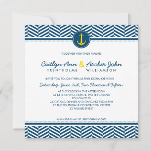 Invitation MARIAGE INVITER ancre nautique coeur marine jaune