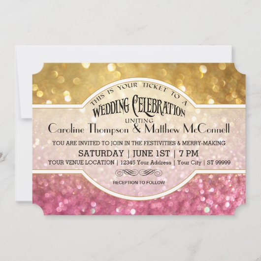 Invitation Mariage Inviter Bokeh Movie Ticket Style Gold Rose (Devant)