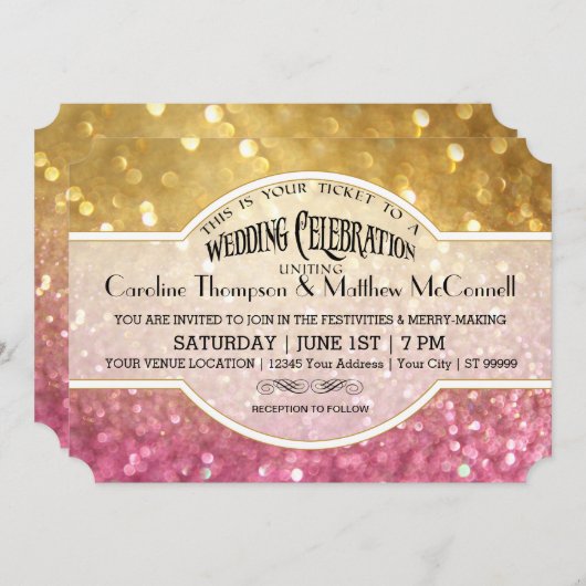 Invitation Mariage Inviter Bokeh Movie Ticket Style Gold Rose (Devant / Derrière)
