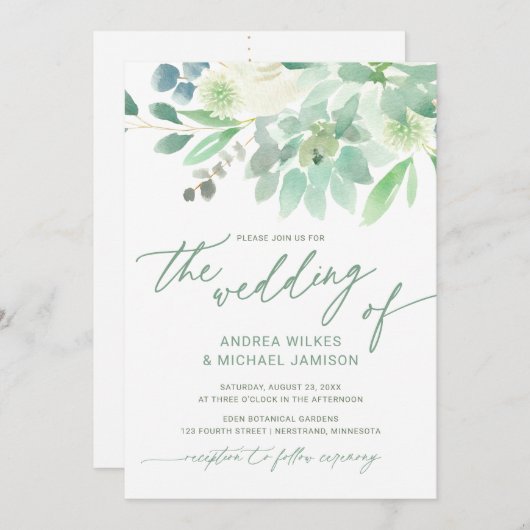 Invitation Mariage Inviter Cactus Succulent Aquarelle Vert (Devant / Derrière)