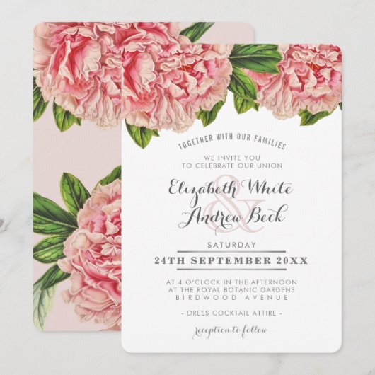 Invitation MARIAGE INVITER chic fleurs de pivoine rose rose (Devant / Derrière)