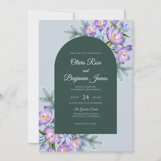 Invitation Mariage Iris Améthyste Émeraude Eucalyptus (Devant)
