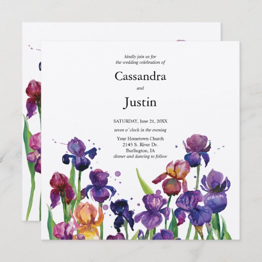 Invitation Mariage Iris Aquarelle (Devant / Derrière)