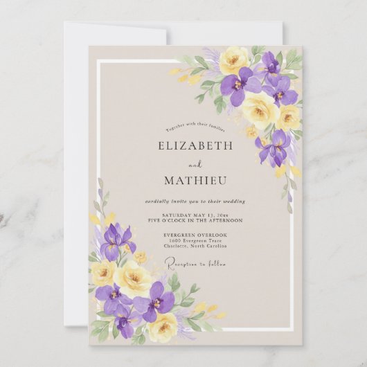 Invitation Mariage Iris Eucalyptus Jaune Taupe (Devant)