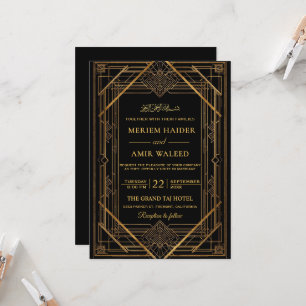 Invitation Mariage islamique Art Déco noir et or vintage