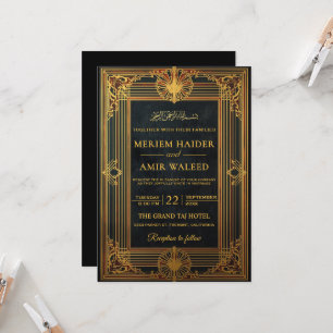 Invitation Mariage islamique Art Déco noir et or vintage