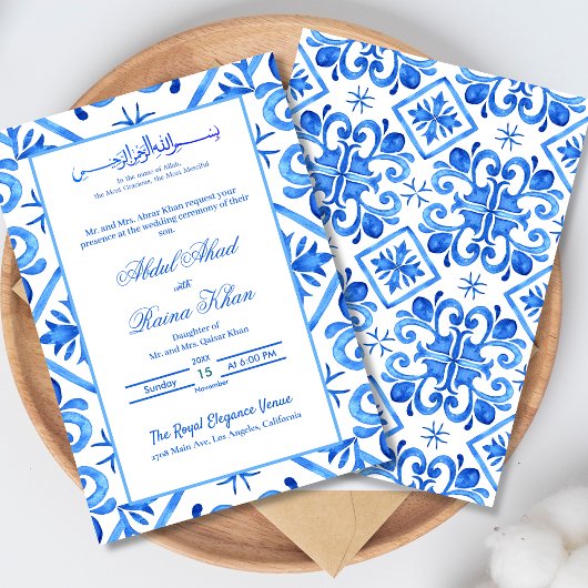 Invitation Mariage Islamique de Motif Marocain Bleu et Blanc