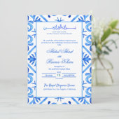 Invitation Mariage Islamique de Motif Marocain Bleu et Blanc (Debout devant)