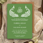 Invitation Mariage islamique de Peacock vert et blanc<br><div class="desc">Éblouissez vos invités avec cette élégante invitation de mariage mettant en vedette de beaux paons et "Bismillah" en calligraphie arabe. Ajoutez simplement les détails de votre événement sur ce modèle facile à utiliser pour en faire une invitation unique. Retournez la carte pour révéler un élégant motif à points au dos...</div>