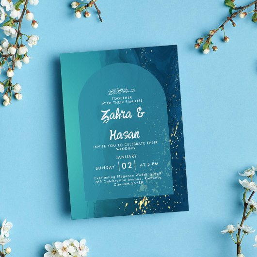 Invitation Mariage islamique d'or Turquoise moderne
