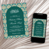 Invitation Mariage islamique élégant sarcelle damasque arc ar