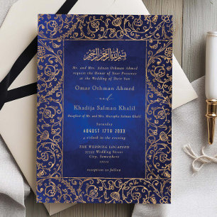 Invitation Mariage islamique en velours bleu et or floral vin