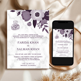 Invitation Mariage Islamique Fleur Blanc Marbre Violet Foncé