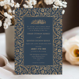 Invitation Mariage islamique floral vintage or et bleu marine