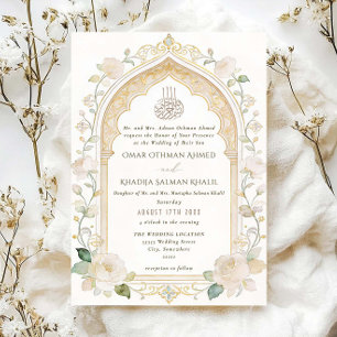Invitation Mariage islamique luxueux voûte florale ivoire et
