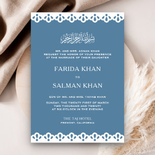 Invitation Mariage islamique musulman bleu acier et dentelle