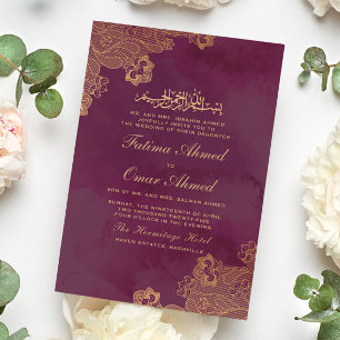 Invitation Mariage islamique musulman bordeaux dentelle feuil