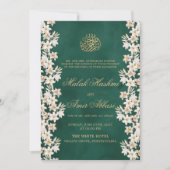 Invitation Mariage islamique musulman floral blanc or et vert (Devant)