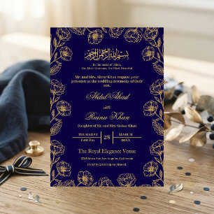 Invitation Mariage islamique musulman floral bleu royal et or