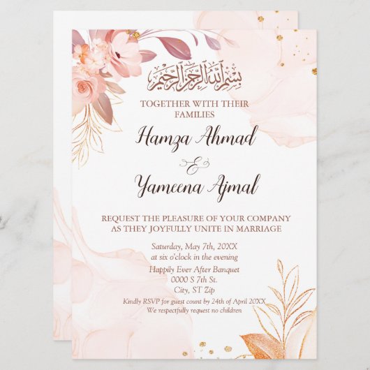 Invitation Mariage islamique musulman rose moderne (Devant / Derrière)