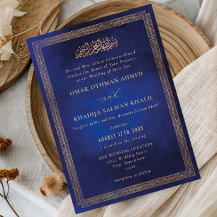 Invitation Mariage islamique royal bleu orné vintage