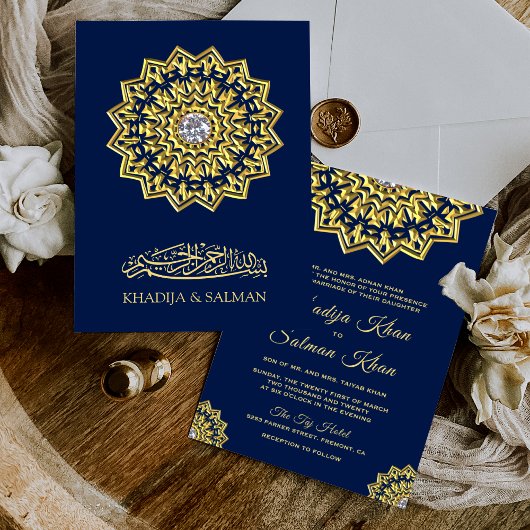 Invitation Mariage islamique traditionnel Blue Gold Motif