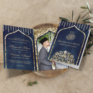 Invitation Mariage Islamique Vintage Or Bleu Marine Arche