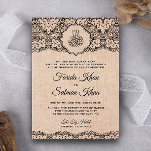 Invitation Mariage islamique vintage toile de jute dentelle n