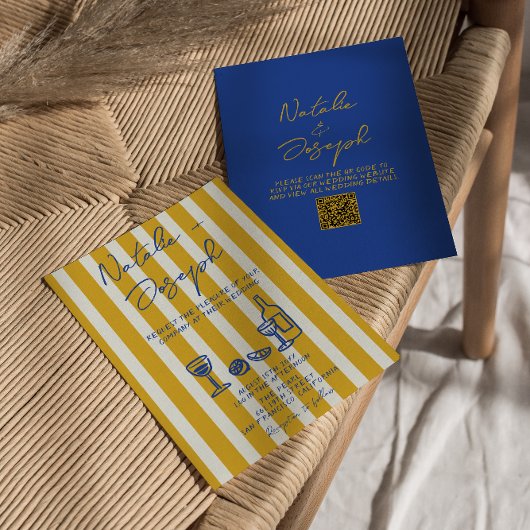 Invitation Mariage Italien Bleu Jaune Code QR Manuscrit